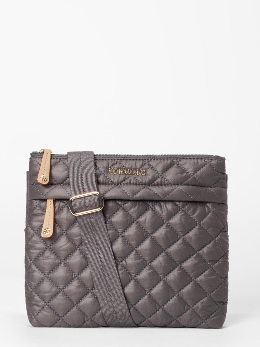 MZ Wallace Metro Flat Crossbody Quilted  Bag Magnet GreyGold Hardware
